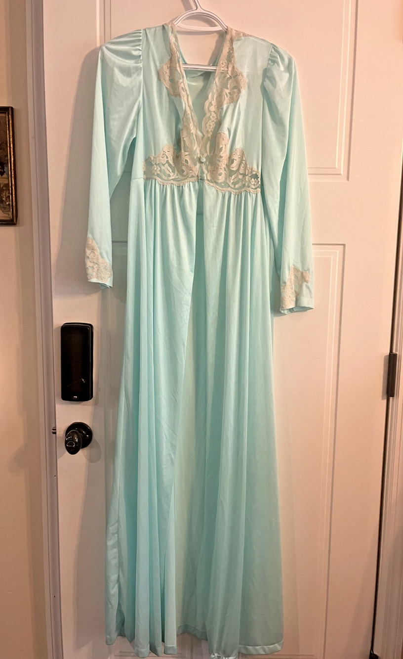 Vintage Kayser Peignoir Robe Aqua Mint Nylon Lace Long Sleeve USA Large